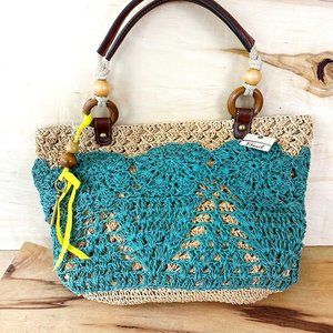 NWT FOSSIL Hathaway Straw‎ Tote Dark Teal and Tan Market Bag